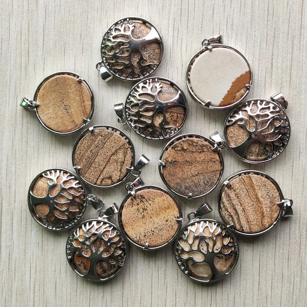 Продажба на едро, 12 бр./лот, модни медальони от естествен камък с изображение на дървото на живота, Висулки за бижута, аксесоари, маркировка, безплатна доставка