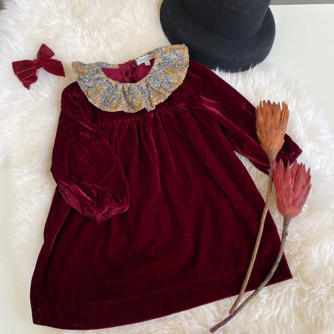 Пролет-есен облекло за момичета, висококачествено удобно бархатное бордовое рокля с дълги ръкави и цветисти ревера, Свободно рокля