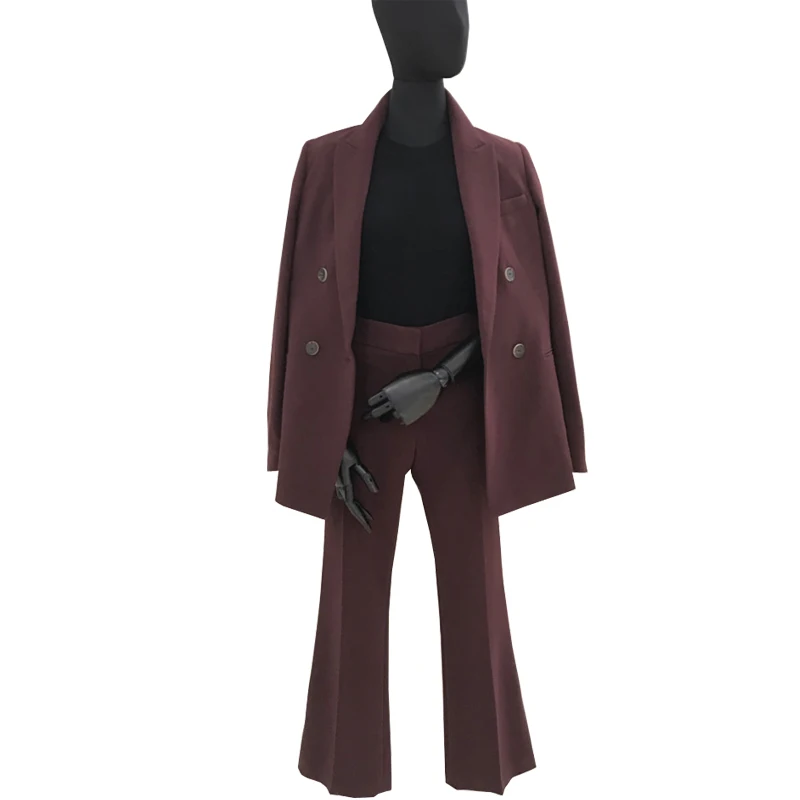 Пролетно - есенен крайградски женски нов двубортный модерен тънък монтиране костюм с дълги ръкави, девет точки, широки панталони, костюми