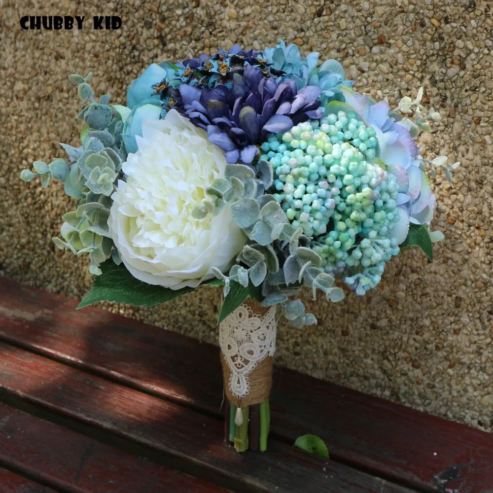 Ретро естествен стил 1 букет красив сватбен букет на булката син цвят букет от изкуствени цветя de mariage Букет на Булката