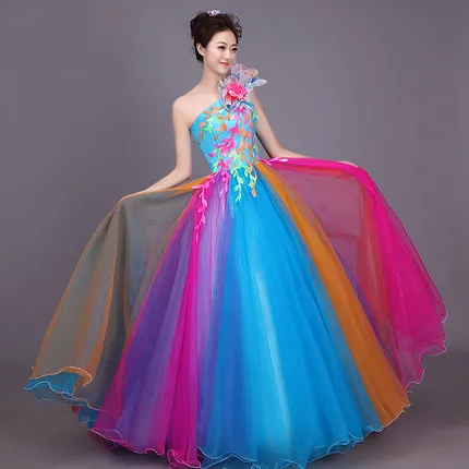 Сексуалното цветна рокля с едно рамо за сватбената денс парти, елегантна дълга китайското народно рокля, DJ шоу, на фестивала