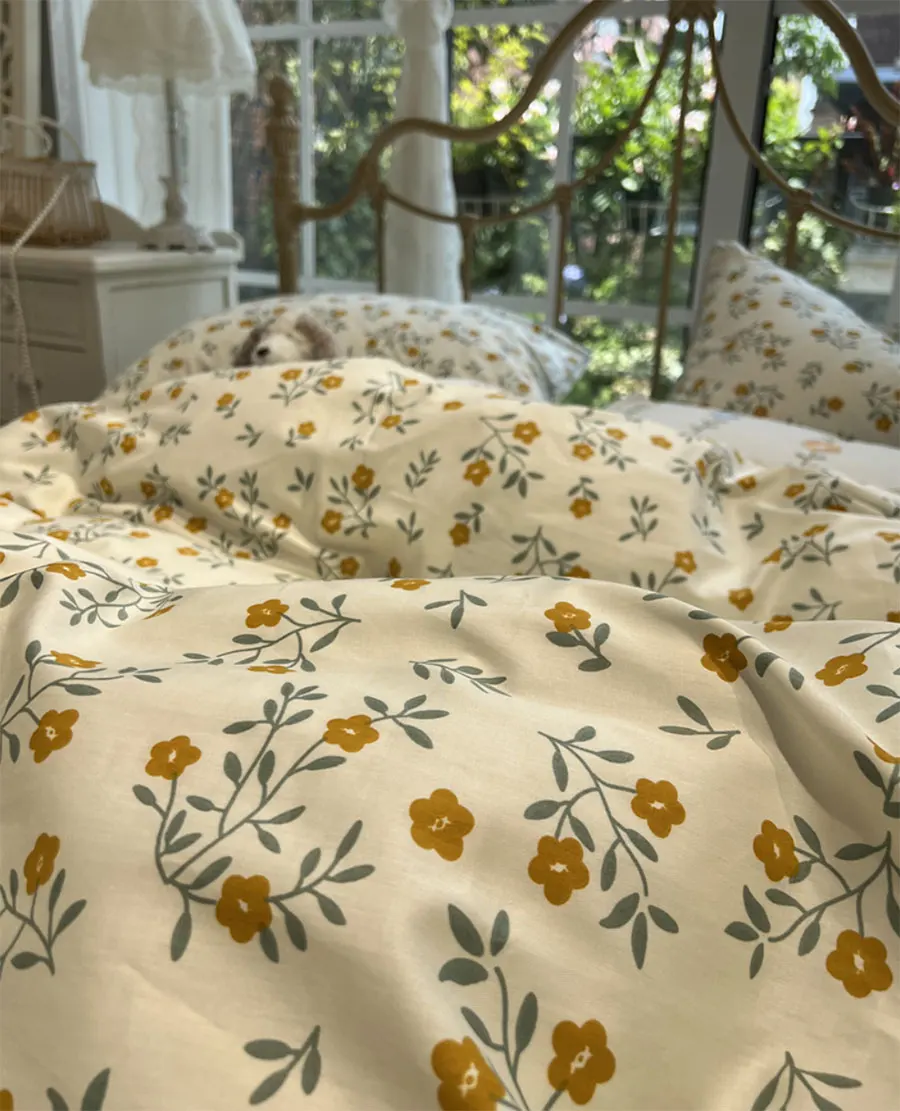 Селски пасторальный цвете, жълто-зелено комплект спално бельо, ретро памук twin пълен кралица домашен текстил плосък лист чаршаф калъфка