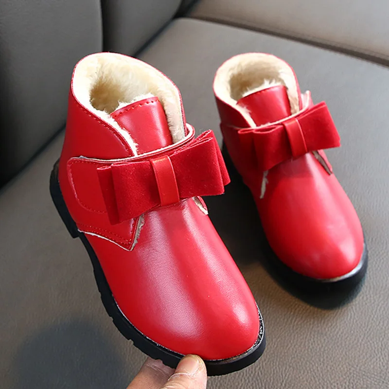 Топли зимни нови обувки за момичета, ботильоны с лък за деца, топли памучни модни детски зимни обувки Принцеси за момичета 26-36 Размер
