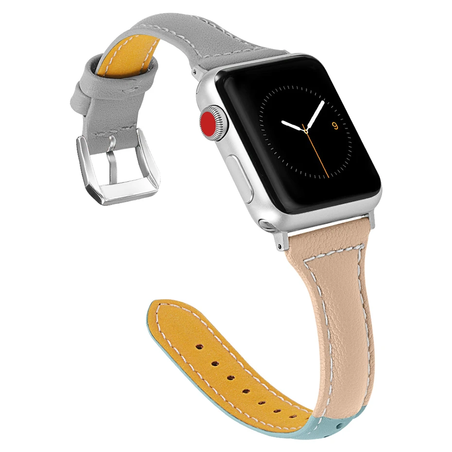 Цветен Кожена Каишка За Apple Watch Band 42 мм 44 мм Гривна Iwatch Series SE 6 5 4 3 2 1 Контур 40 мм, 38 мм, Подмяна на Маншет