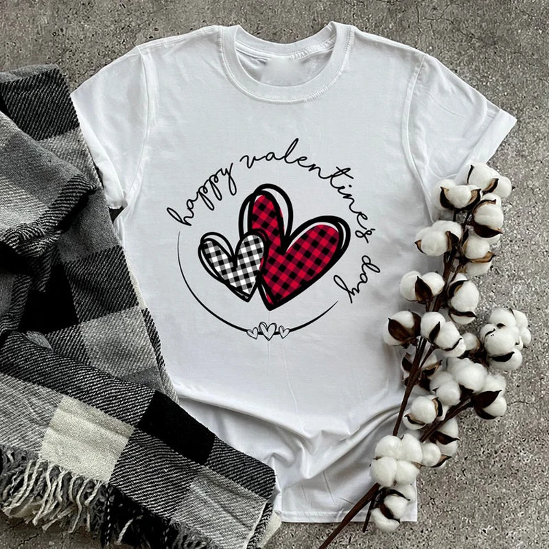 Цветна Тениска с Деня на Свети Валентин в Клетка със сърца, Сладка Тениска с Изображение на Свети Валентин, Най-Реколта Женска Тениска За Свети Валентин, Подарък Тениска