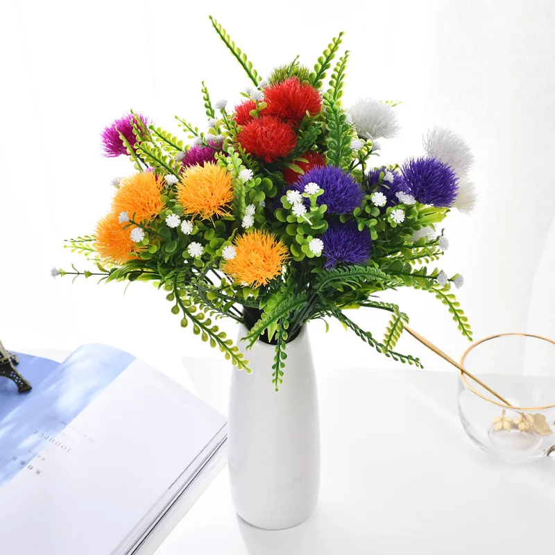 Цветна скъпа коприна топка цветя хризантеми фалшив, изкуствен глухарче 5 глави/букет Външно украса на градината цвете растение