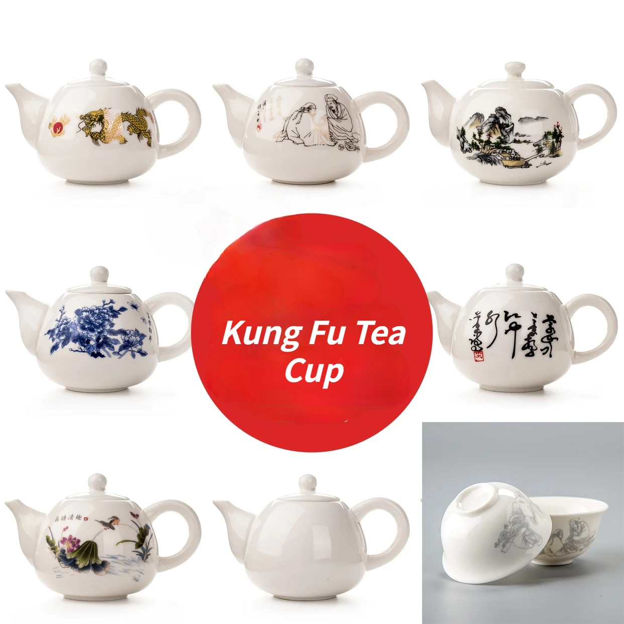 Чайник с ръчно рисувани, бял порцелан, син и бял порцелан, керамични кана, чаша с филтър, гарафа за чай от сервиза на кунг-фу CL41304