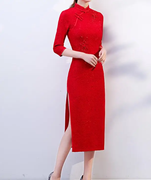 Червеното Традиционно Китайското Женствена Рокля Рокля Etiquette С Дантела И Бродирани Мъниста Пролет