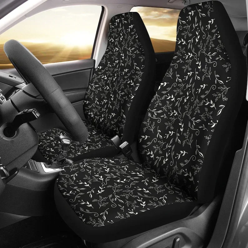 Черен С Бели Листа и Модел от Лозя Комплект Калъфи За автомобилни Седалки SUV Universal Fit Предните Седалки
