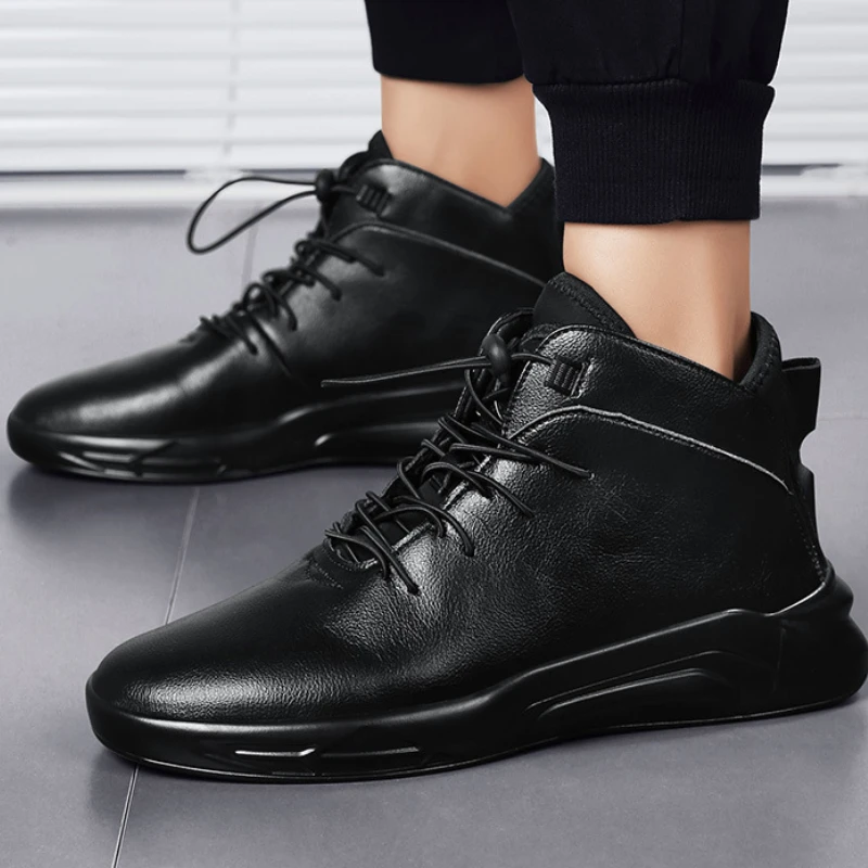 Черни Кожени Обувки Есенни Мъжки Модерен Бизнес Обувки в Британски Стил с Кръгла Пръсти Дантела Ежедневни Обувки Голям Размер Botas Masculinas