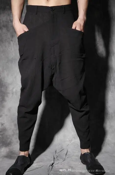 Черни корейски модерен мъжки ежедневни панталони, ленени зреещи, мъжки панталони за краката, панталони, мъжки панталони-карго, мъжки панталони
