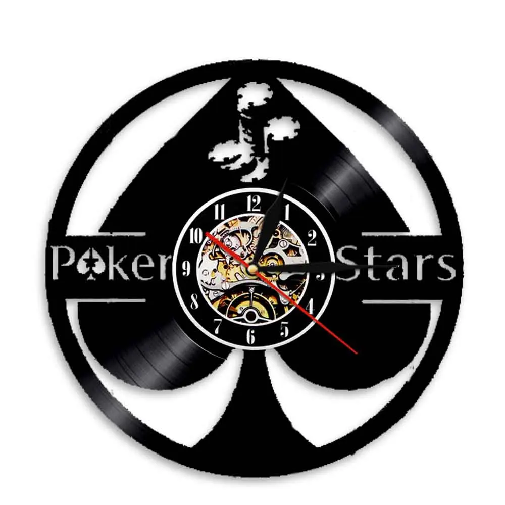 Честит Покер Асо Пика Vinyl Плоча Стенен Часовник 5 Звезди Vinyl Плоча Стенни Часовници Покер Играч Реколта 3D Стенни Часовници Играчи
