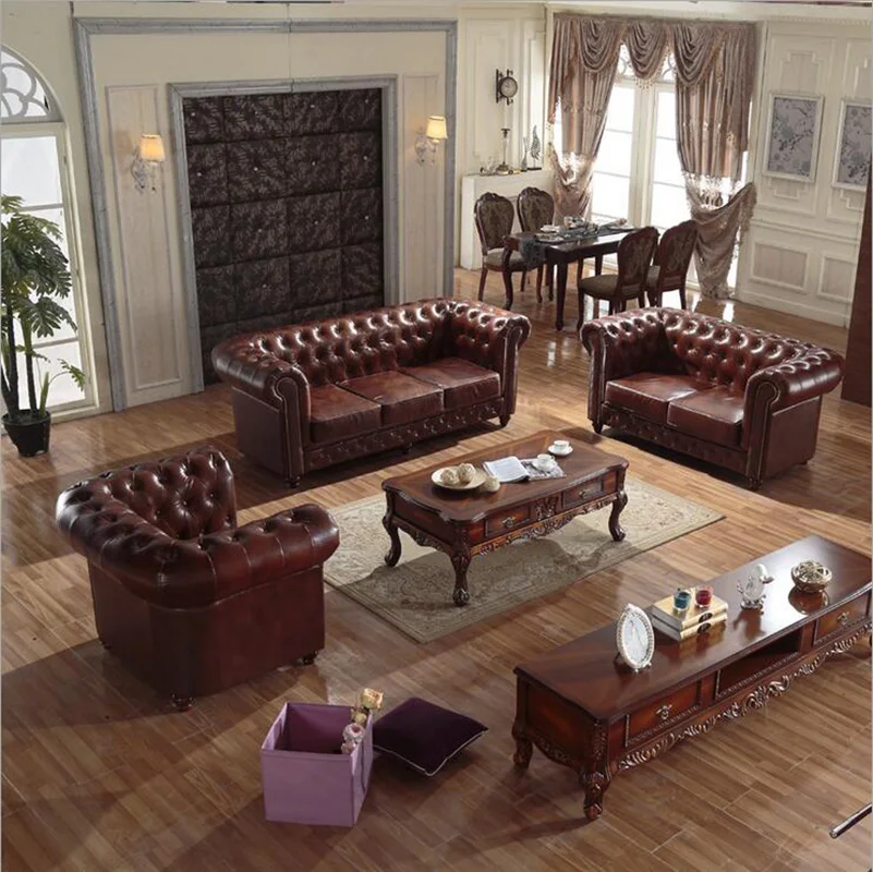 висококачествен европейски антикварен диван за хола, мебели от естествена кожа, комплект o1074