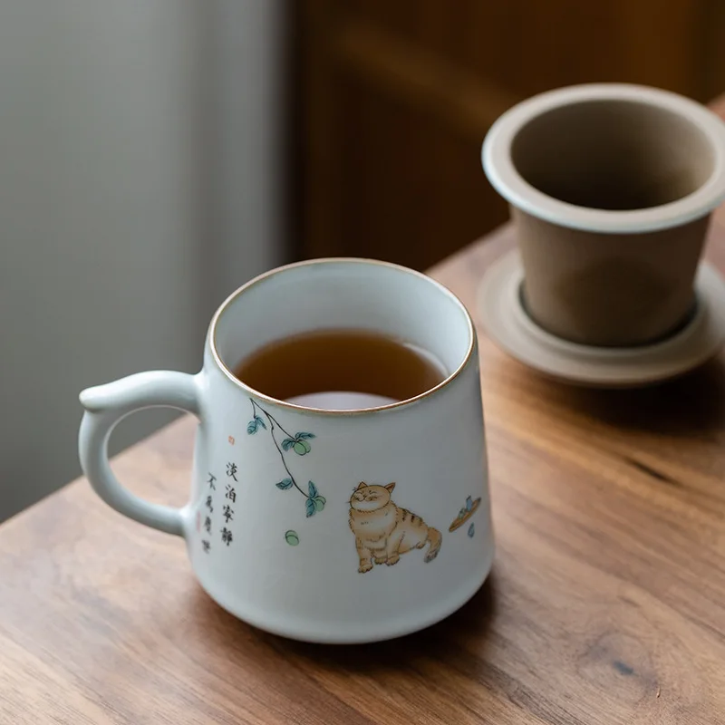 керамични чаени чаши с филтри сладка котка кафеена чаша китайска чаена чаша посуда за напитки 380 мл