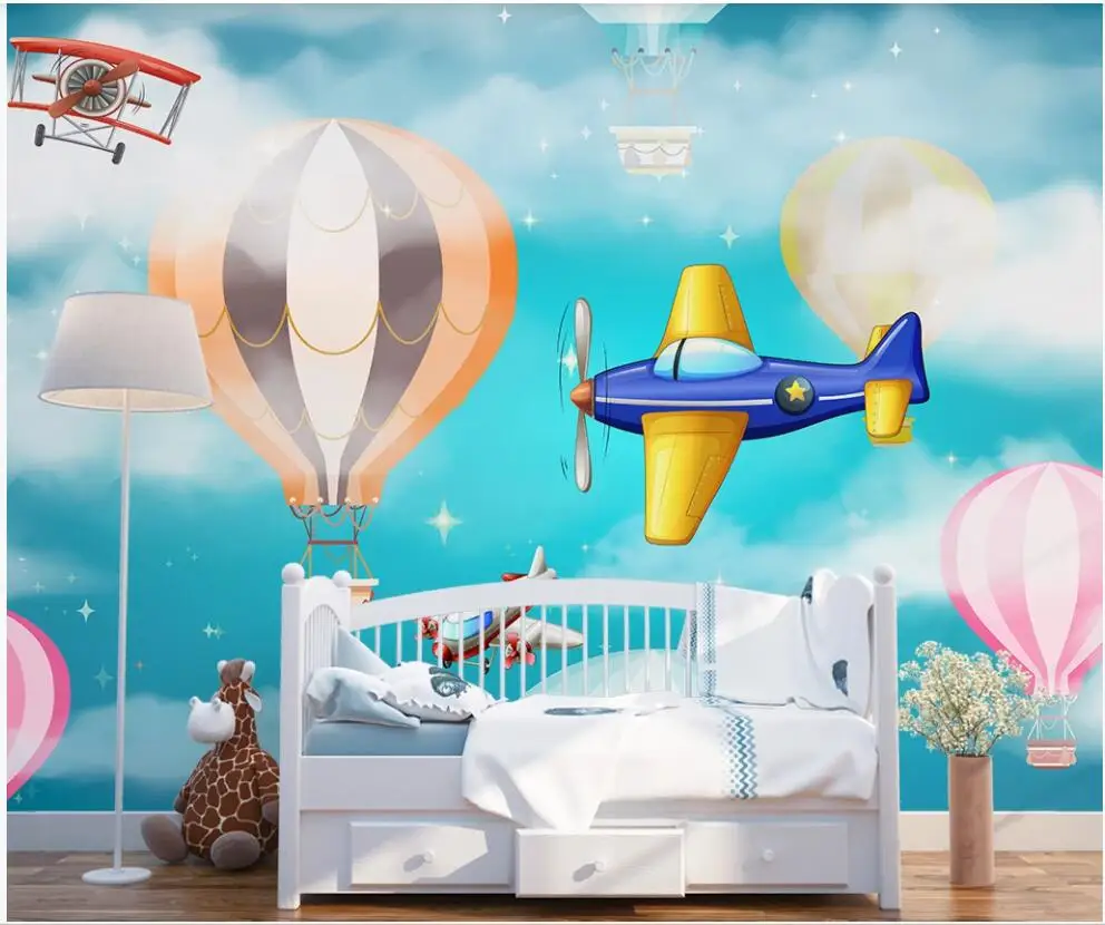 тапети 3 d на поръчка е фреската на стената Карикатура самолет, балон детска стая начало декор снимка Тапети в детската