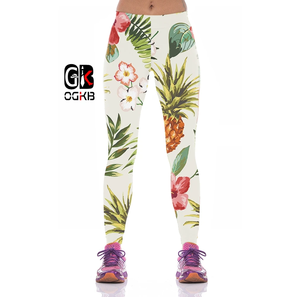 OGKB Гамаши Дамски Модни Хавайски Спортни Готически Панталони С 3D Принтом Листа от Ананас Женски Гамаши За Фитнес