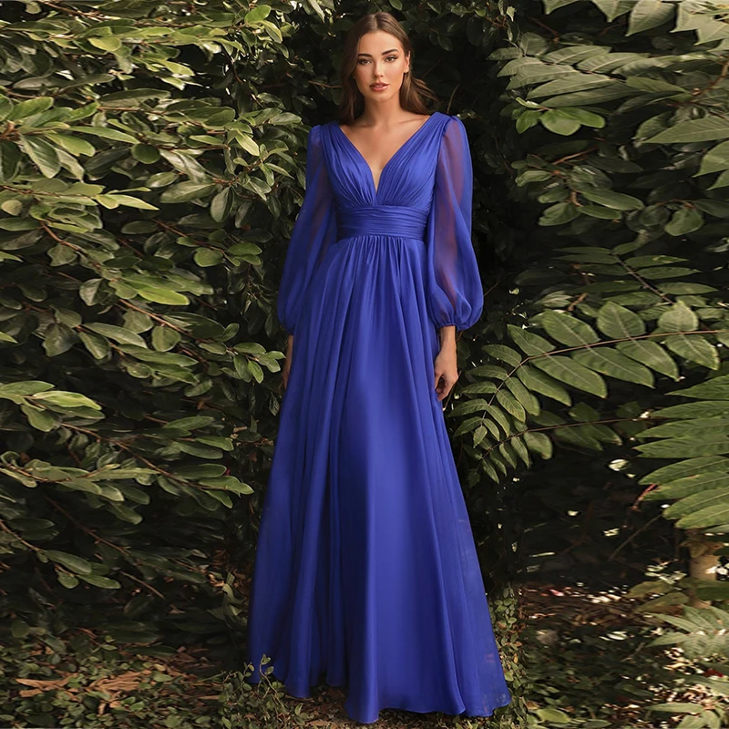 Елегантно дамско синя вечерна рокля Gownes с V-образно деколте и ръкав-фенерче, тюлевое рокля трапецовидна форма, рокля за абитуриентски, вечерни гънки 2023, Robe De Soirée