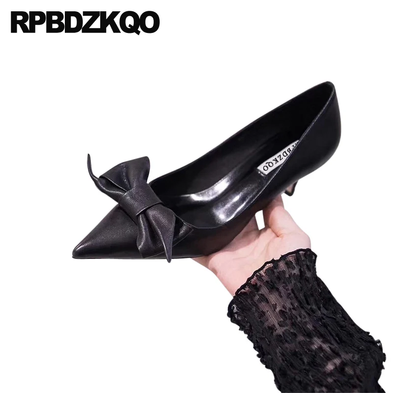 Обувки-лодка с остри пръсти На Високи токчета, Без шнур на висок ток, размер 4 34, Дамски Ежедневни Дизайнерски дамски луксозни Обувки от 2021 година с Лък Тънките средно-черен