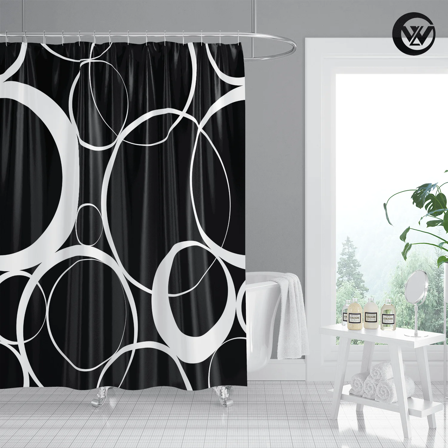Черна завеса за баня, душ завеси с бял кръгъл модел, водоустойчив удебелена завеса за баня от полиестер с куки 12 бр.