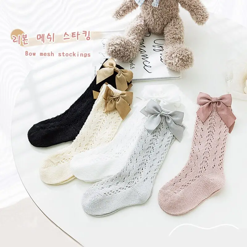 Чорапи За малки Момичета, Дълги Чорапи с Лък За Деца, Детски Чорапи До Коляното, Меки Памучни Мрежести Чорапи в испански Стил За Деца 0-5 години, Дишащи Чорапи